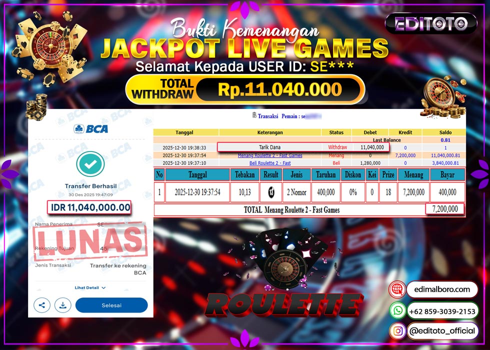 JACKPOT EDITOTO LIVE GAMES ROULETTE 2 Rp. 11.040.000.,- LUNAS