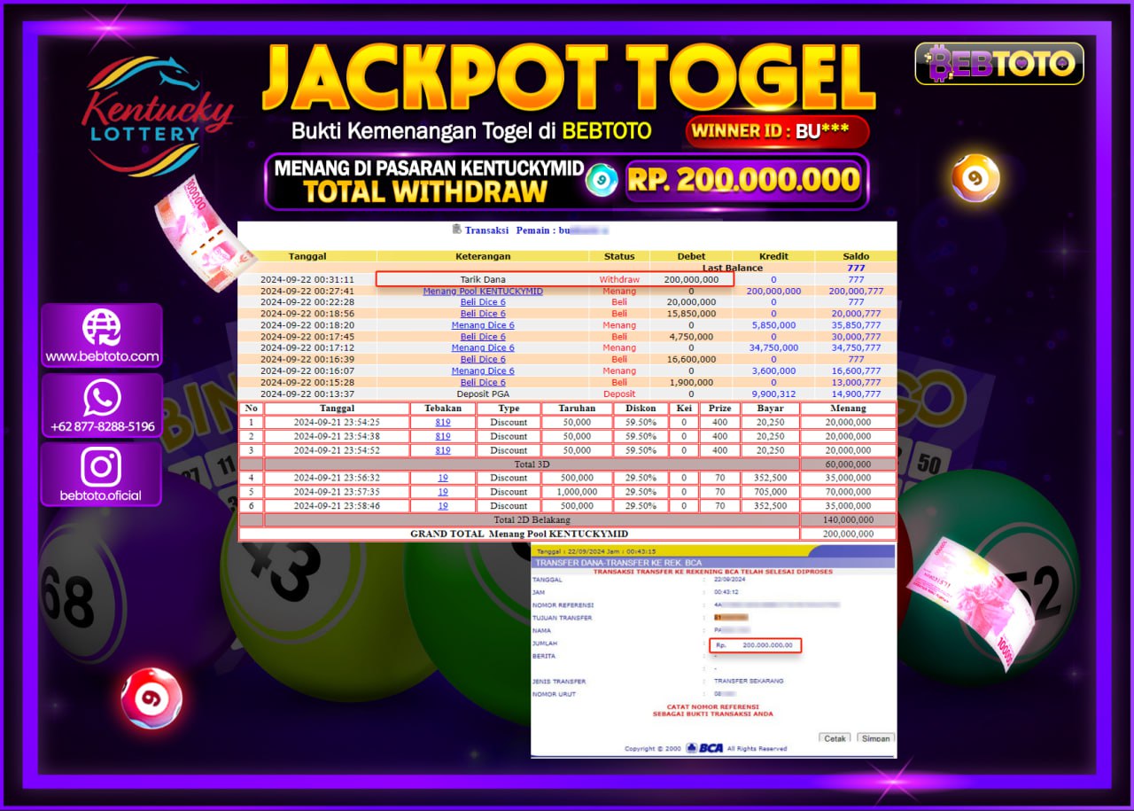 JACKPOT TOGEL BEBTOTO KENTUCKYMID POOLS Rp.200.000.000.,- LUNAS
