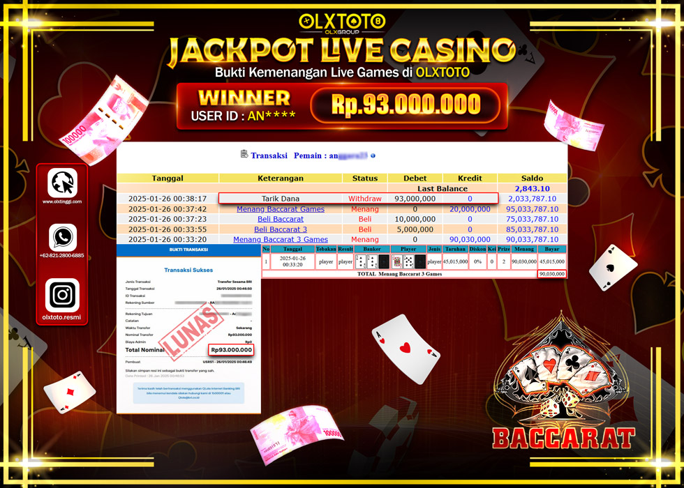 OLXTOTO JACKPOT  LIVE GAMES BACCARAT Rp.93.000.000.,- LUNAS
