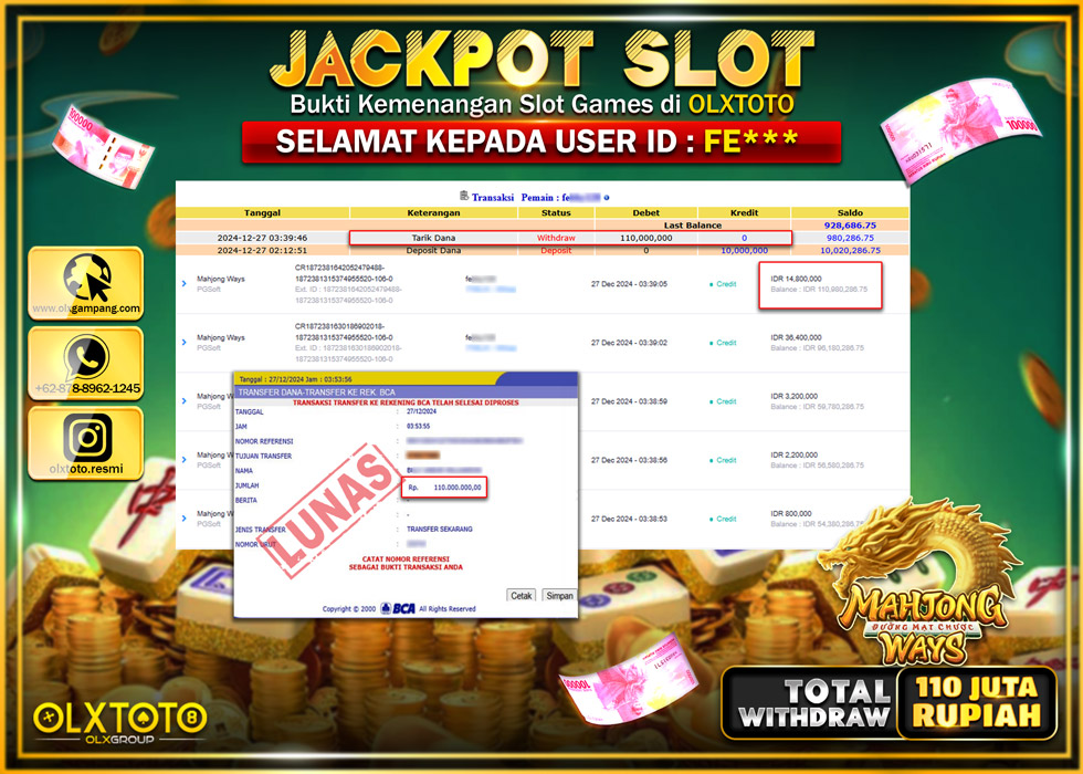 OLXTOTO JACKPOT  SLOT MAHJONG WAYS  Rp.110.000.000.,- LUNAS