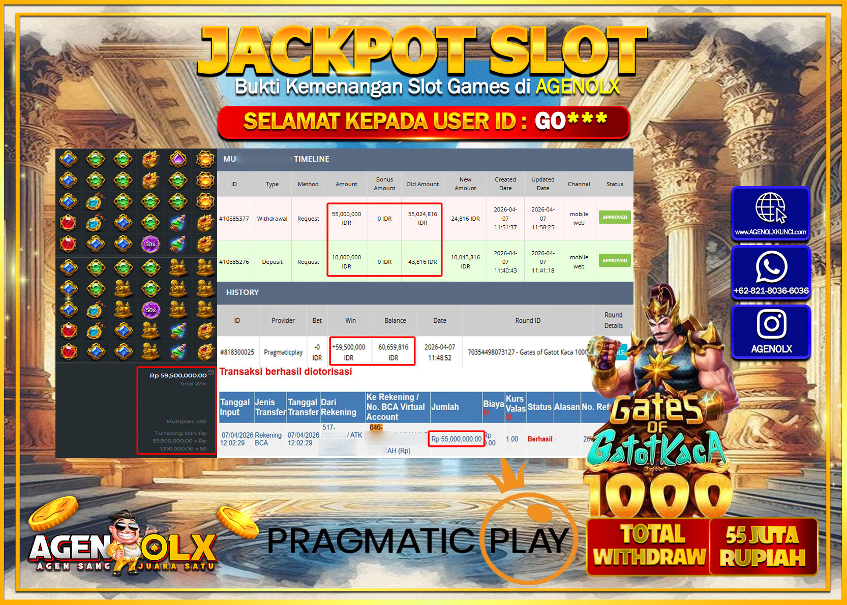 AGENOLX JACKPOT SLOT GATES OF GATOT KACA 1000 Rp 55.000.000 - LUNAS