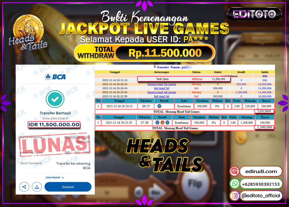 JACKPOT EDITOTO LIVE GAMES HEAD & TAIL Rp. 11.500.000.,- LUNAS
