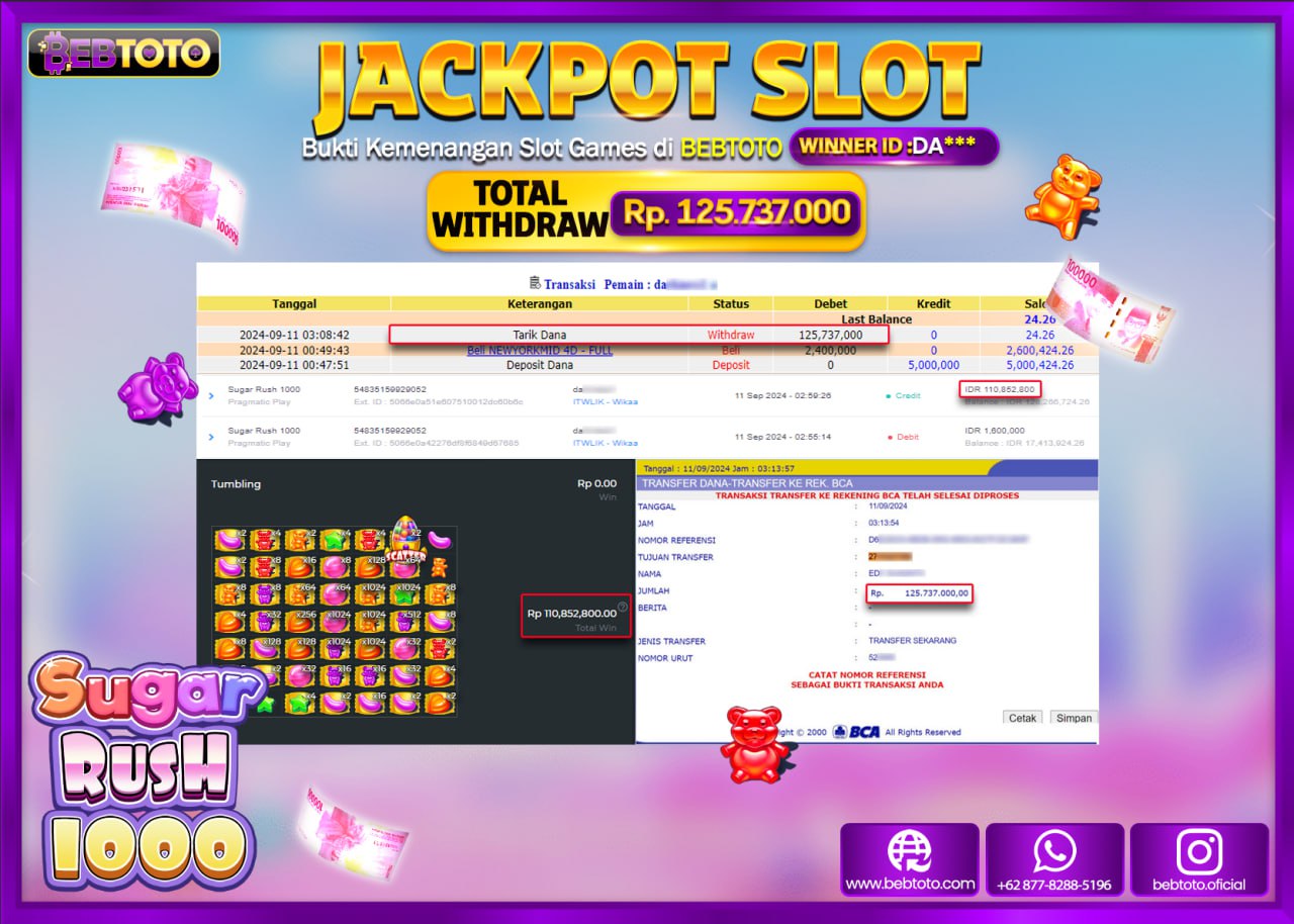 JACKPOT SLOT BEBTOTO SUGAR RUSH 1000 Rp.125.737.000.,- LUNAS