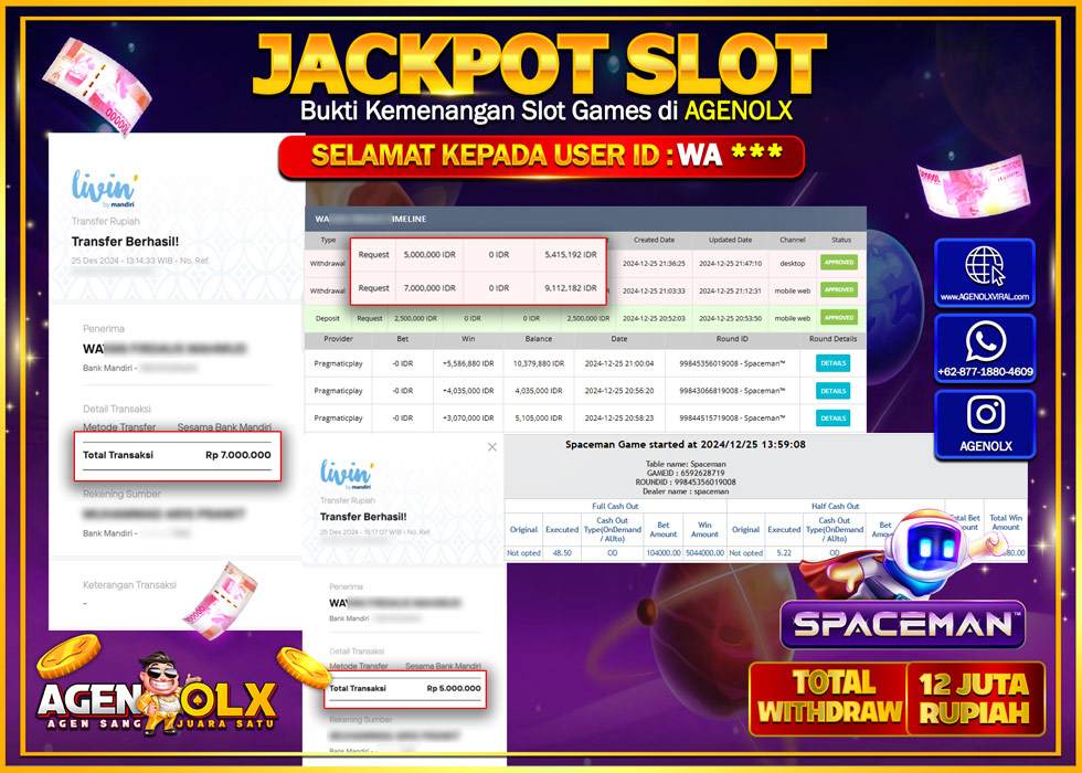 AGENOLX JACKPOT ARCADE SPACEMAN Rp 12.000.000,- LUNAS
