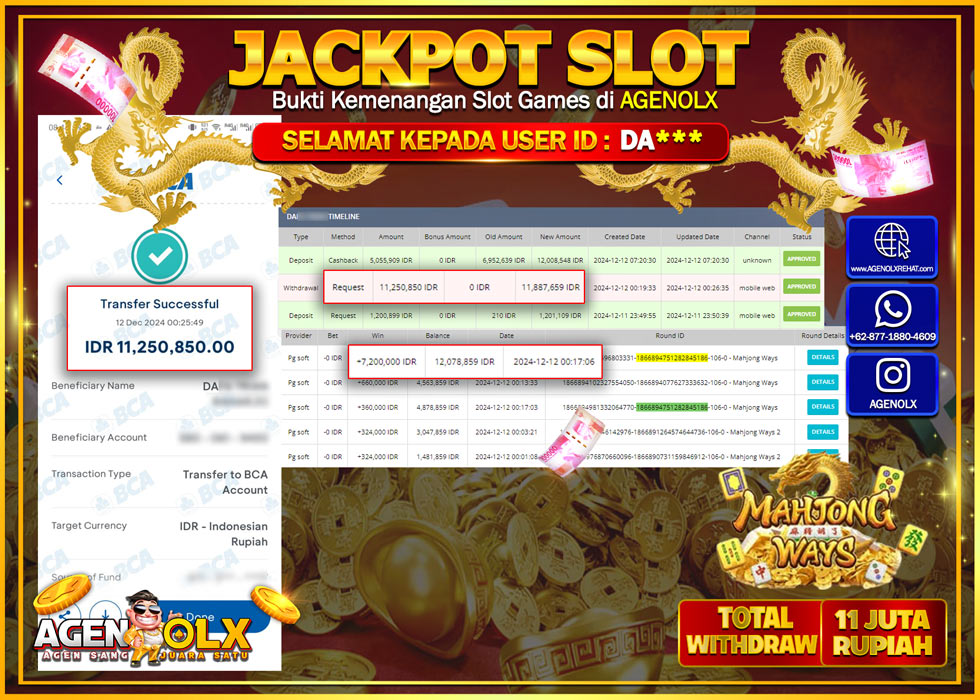 AGENOLX JACKPOT SLOT MAHJONG WAYSRp 11.250.850,- LUNAS