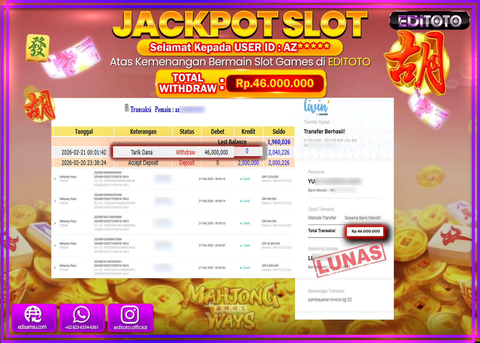 JACKPOT EDITOTO SLOT MAHJONG WAYS Rp.46.000.000,- LUNAS