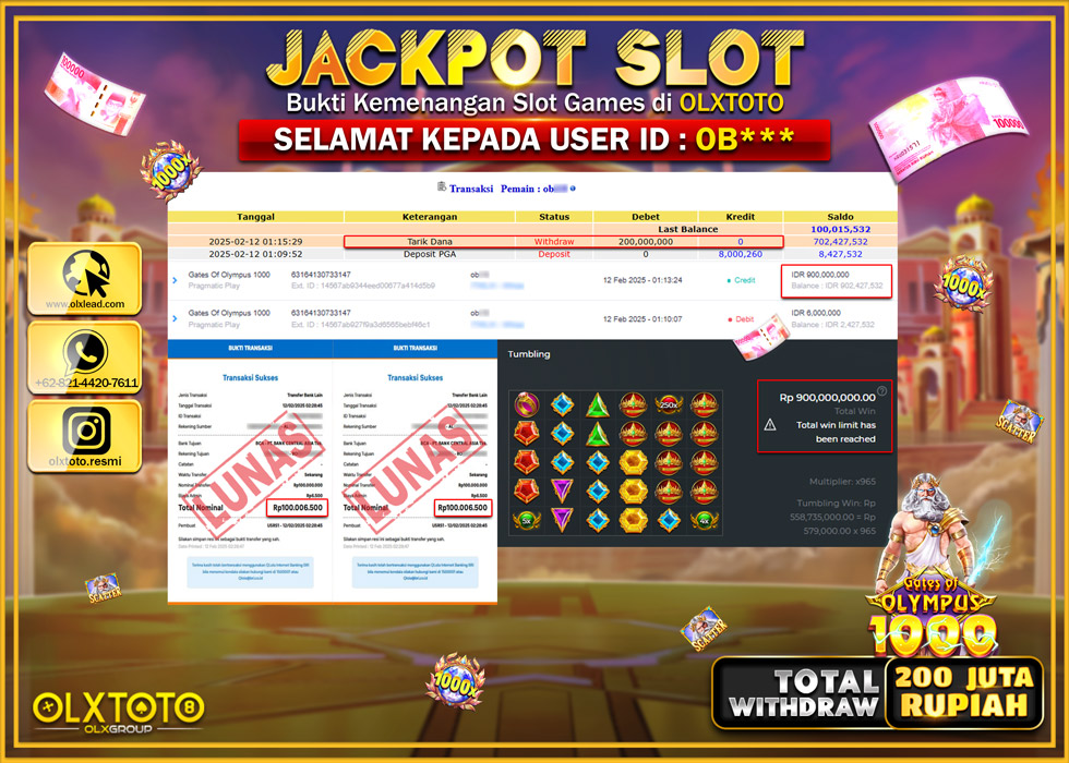 OLXTOTO JACKPOT  SLOT GATE OF OLYMPUS 1000  Rp.200.000.000.,- LUNAS