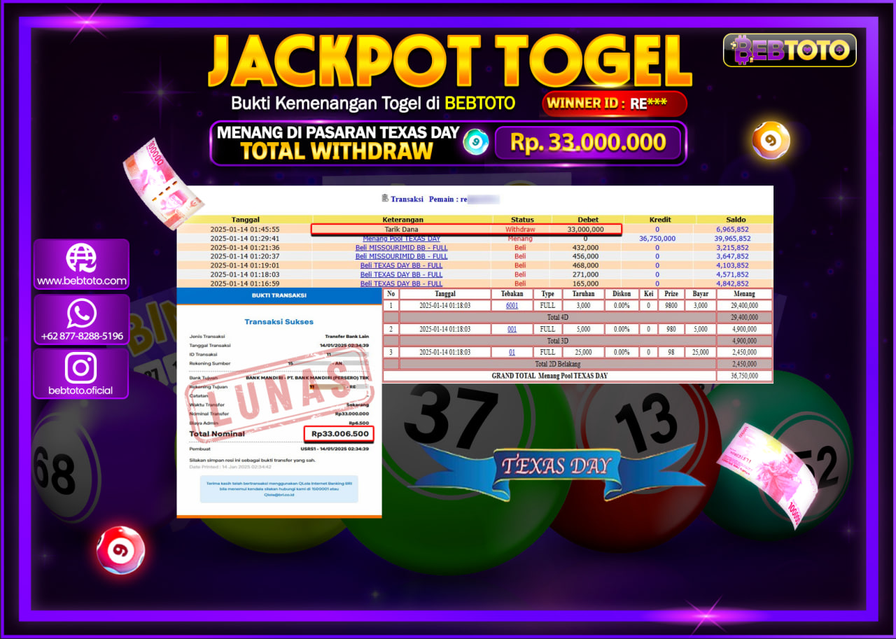 JACKPOT TOGEL BEBTOTO TEXAS DAY Rp.33.000.000.,- LUNAS