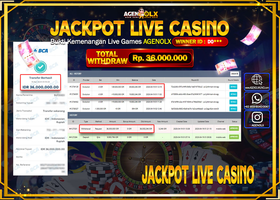 AGENOLX JACKPOT LIVE CASSINO  Rp 30.000.000,- LUNAS