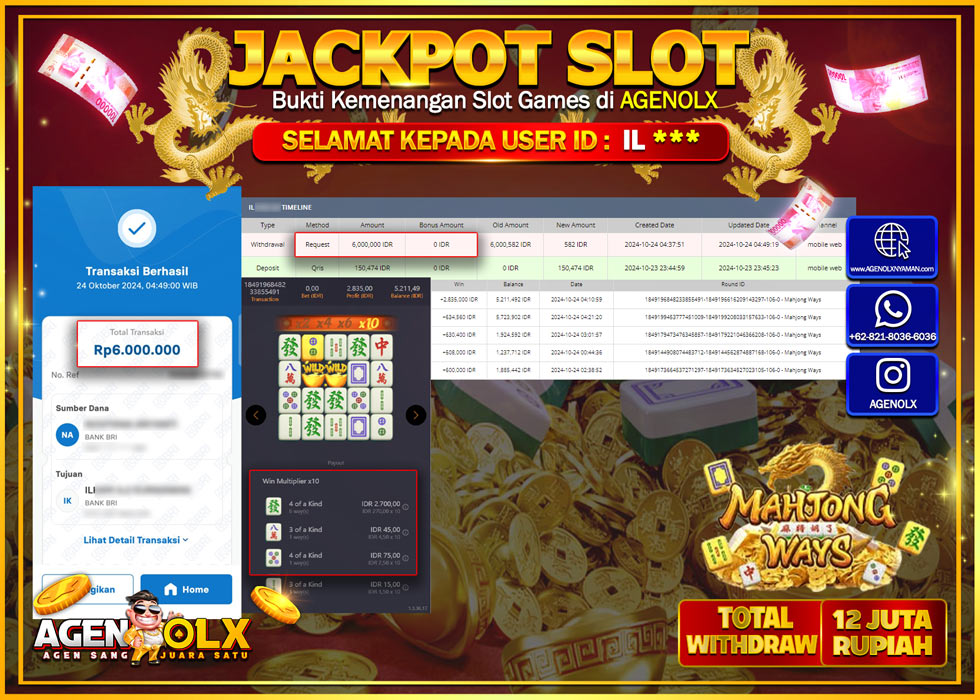 AGENOLX JACKPOT  SLOT SLOT MAHJONG WAYS  Rp 6.000.000,- LUNAS