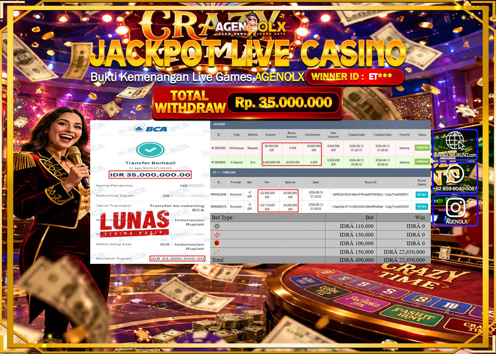 AGENOLX JACKPOT LIVE CASSINO CRAZYTIME0001  Rp 35.000.000-LUNAS