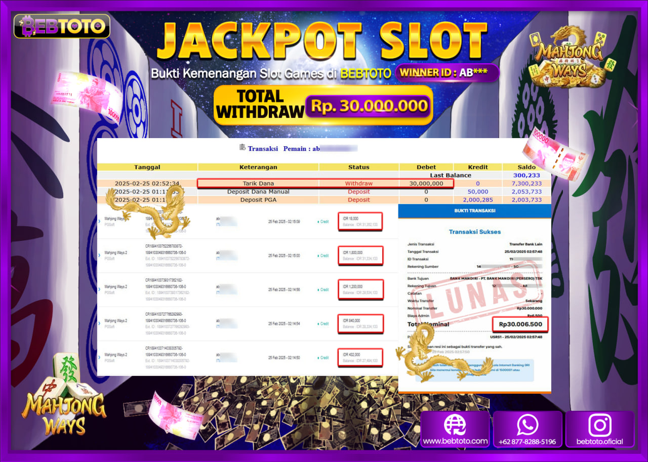 JACKPOT SLOT BEBTOTO MAHJONG WAYS Rp.30.000.000.,- LUNAS