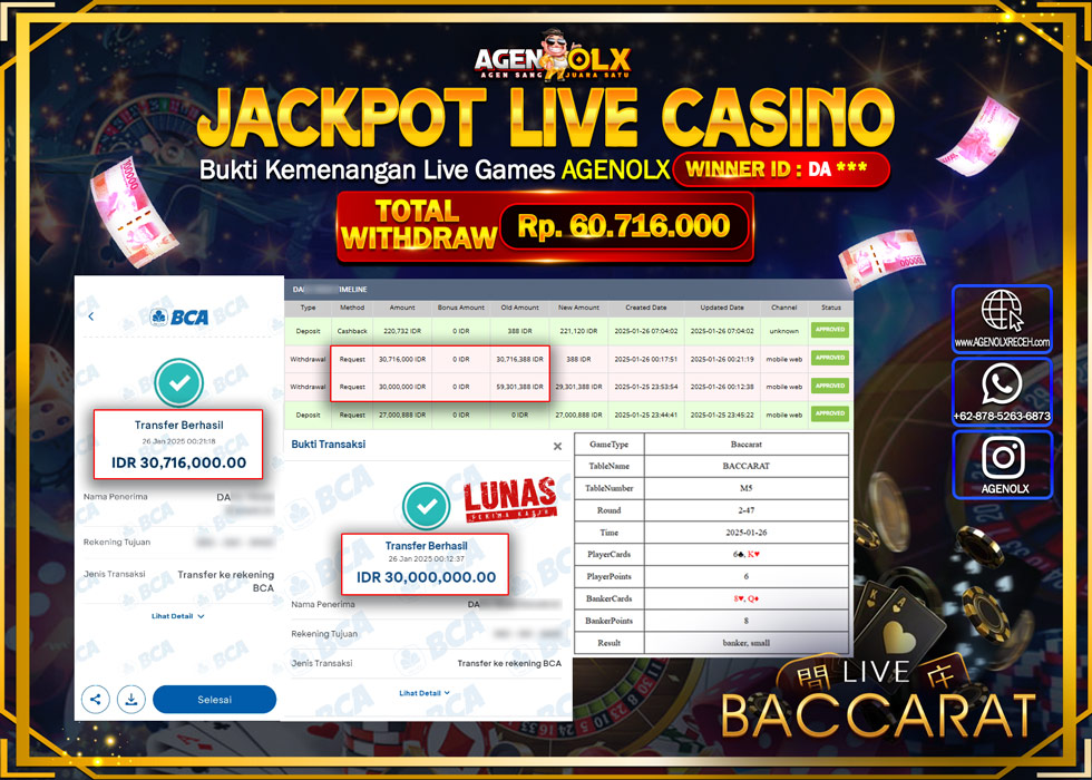 AGENOLX JACKPOT LIVE CASINO BACCARAT Rp 60.716.000,- LUNAS
