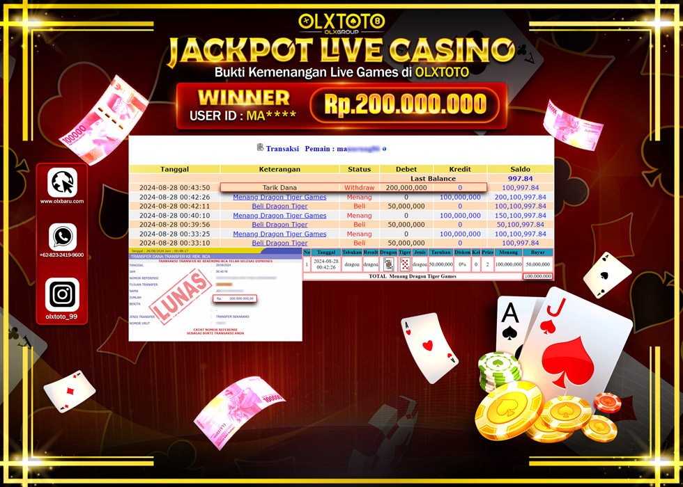 OLXTOTO JACKPOT  LIVE GAMES DRAGON TIGER Rp.200.000.000.,- LUNAS