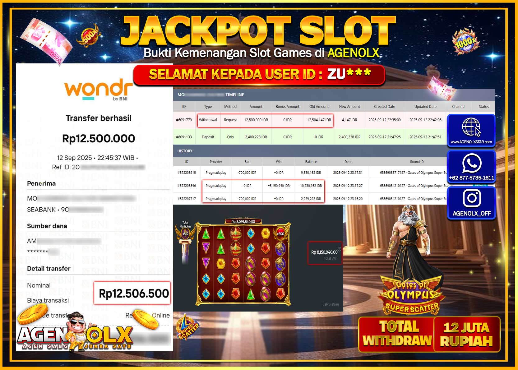 AGENOLX JACKPOT SLOT GATES OF OLYMPUS SUPER SCATTER   Rp 12,500,000,- LUNAS