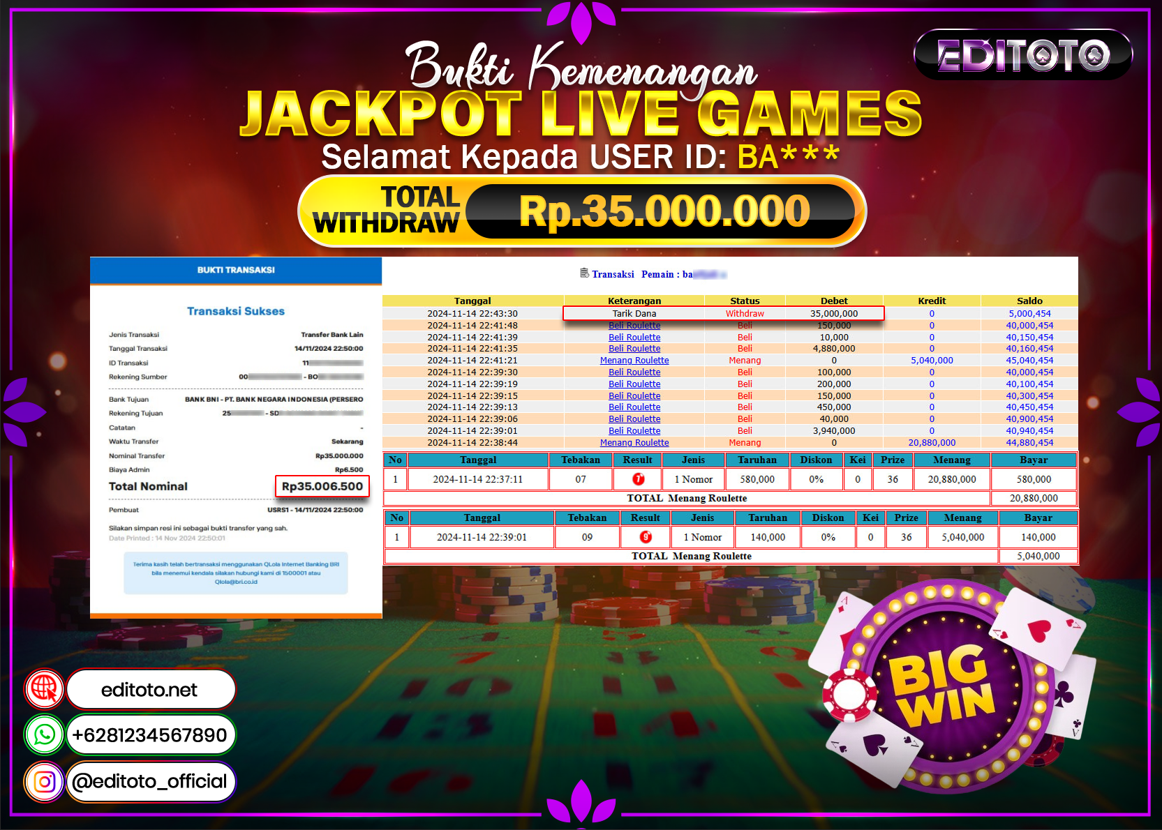JACKPOT LIVE GAMES ROULETTE GAMES Rp.35.000.000.,- LUNAS