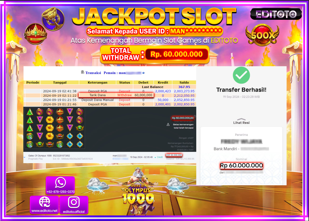 JACKPOT SLOT GATES OF OLYMPUS 1000   Rp.60.000.000.,- LUNAS