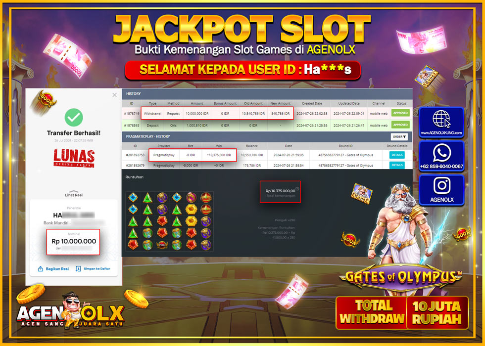AGENOLX JACKPOT SLOT GATES OF OLYMPUS Rp.10.000.000,- LUNAS