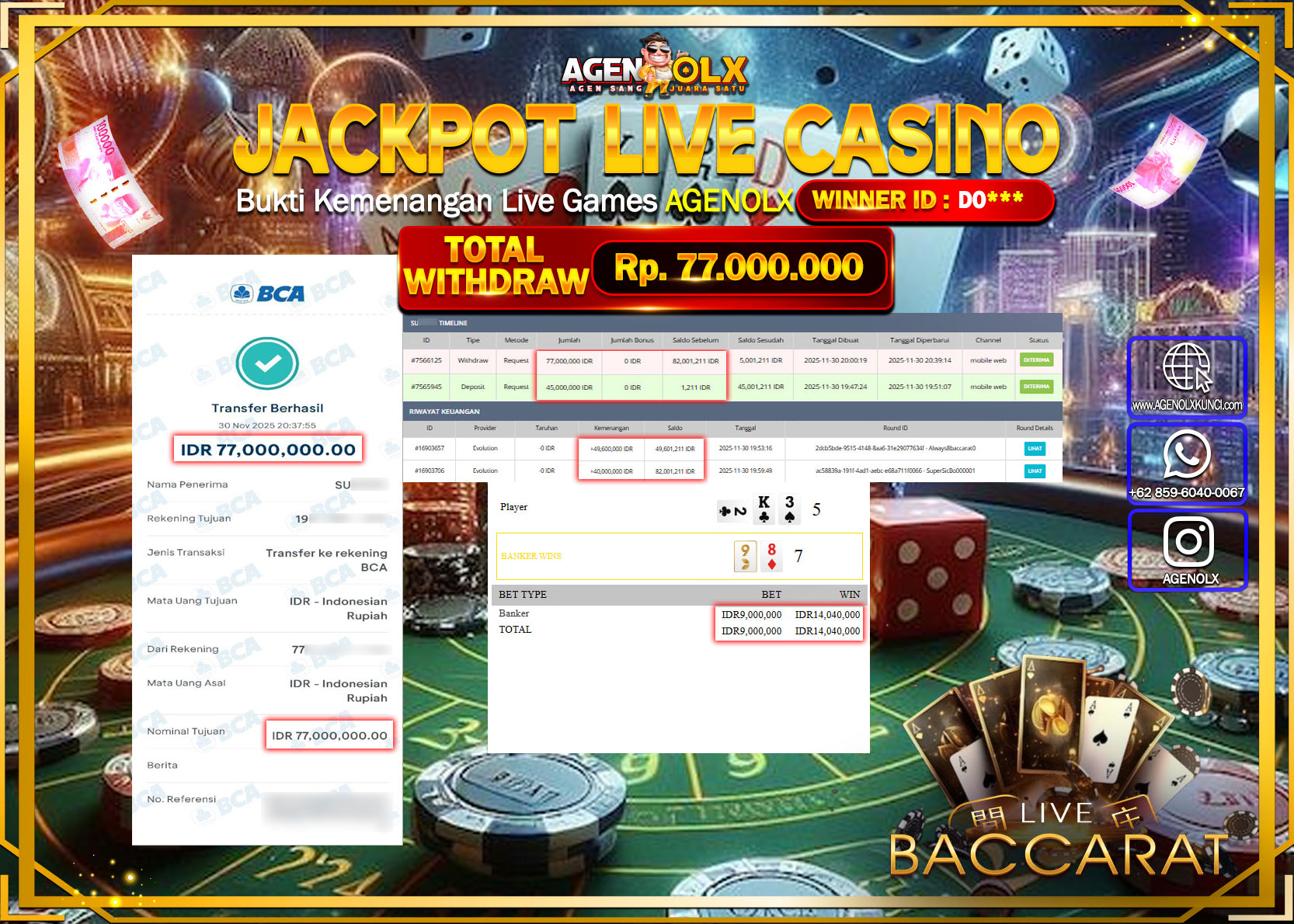 AGENOLX JACKPOT LIVE CASINO ALWAYS 8  BACCARAT 0 Rp 70,000,000,- LUNAS