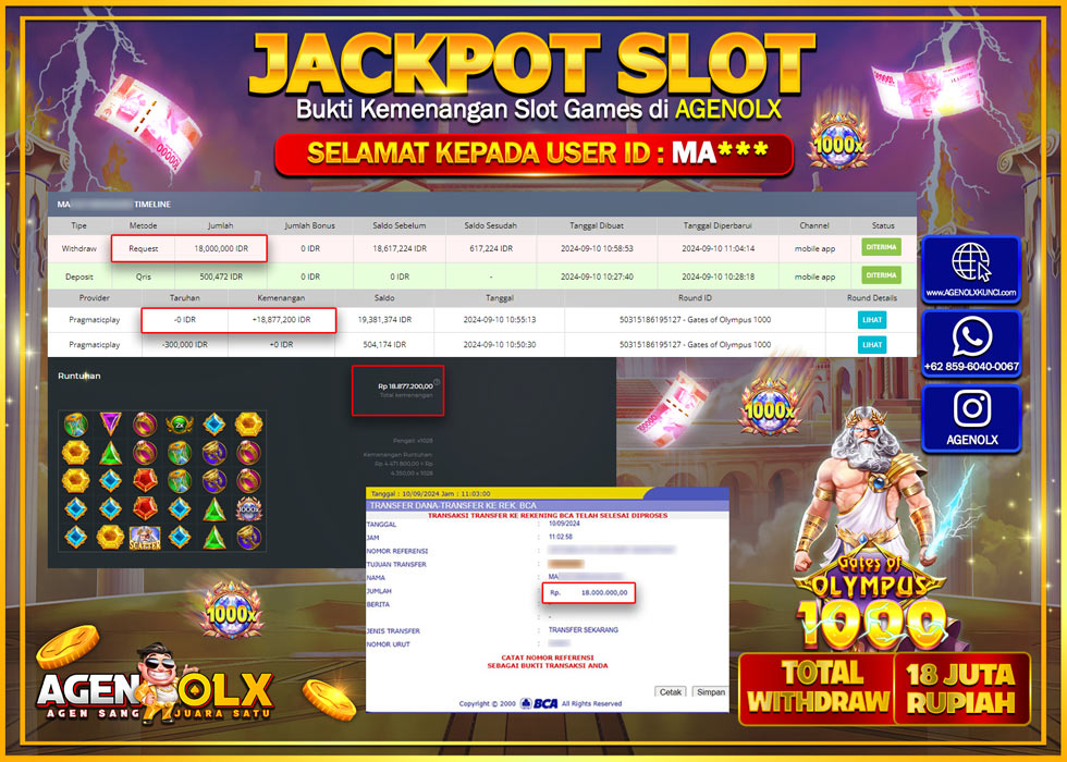 AGENOLX JACKPOT SLOT GATES OF OLYMPUS 1000 Rp.18.000.000,- LUNAS