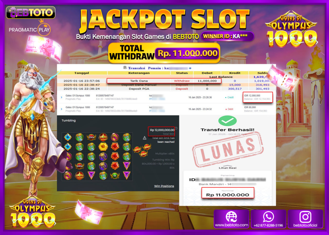 JACKPOT SLOT BEBTOTO GATES OF OLYMPUS 1000  Rp.11.000.000 - LUNAS
