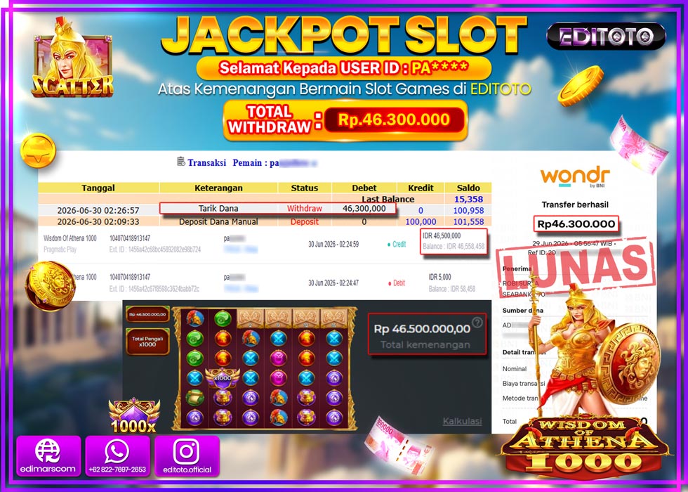 JACKPOT EDITOTO SLOT WISDOM OF ATHENA 1000 Rp.46.300.000,- LUNAS