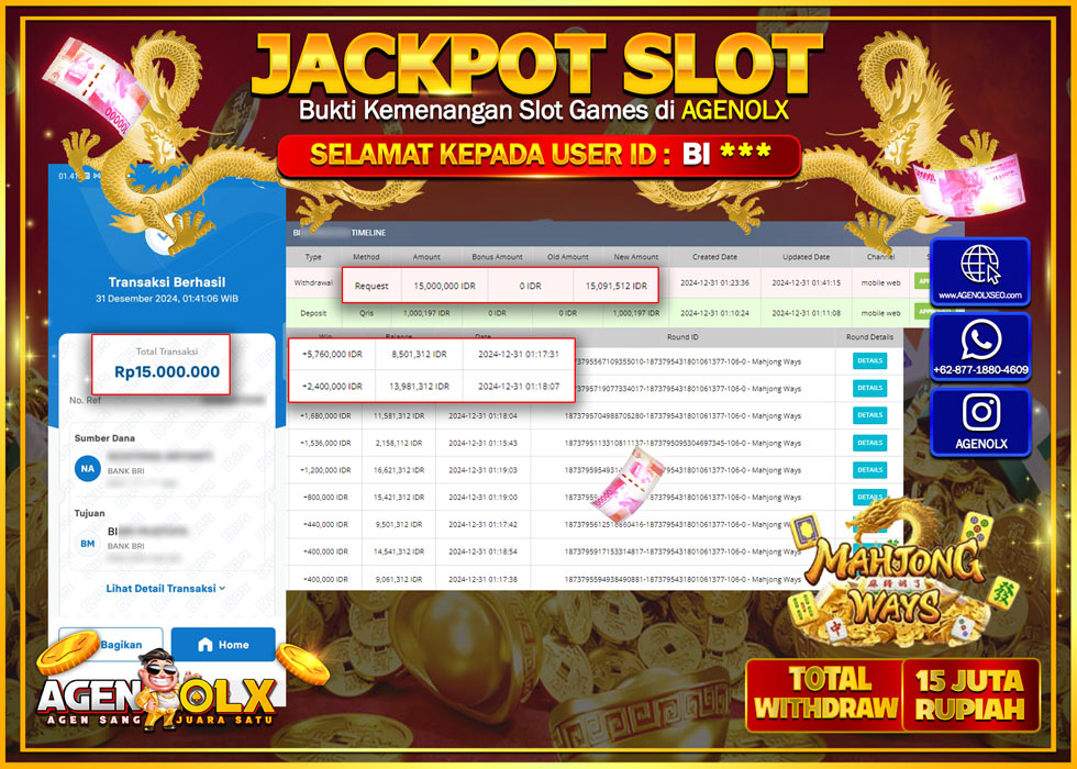 AGENOLX JACKPOT SLOT MAHJONG WAYS Rp 15.000.000,- LUNAS