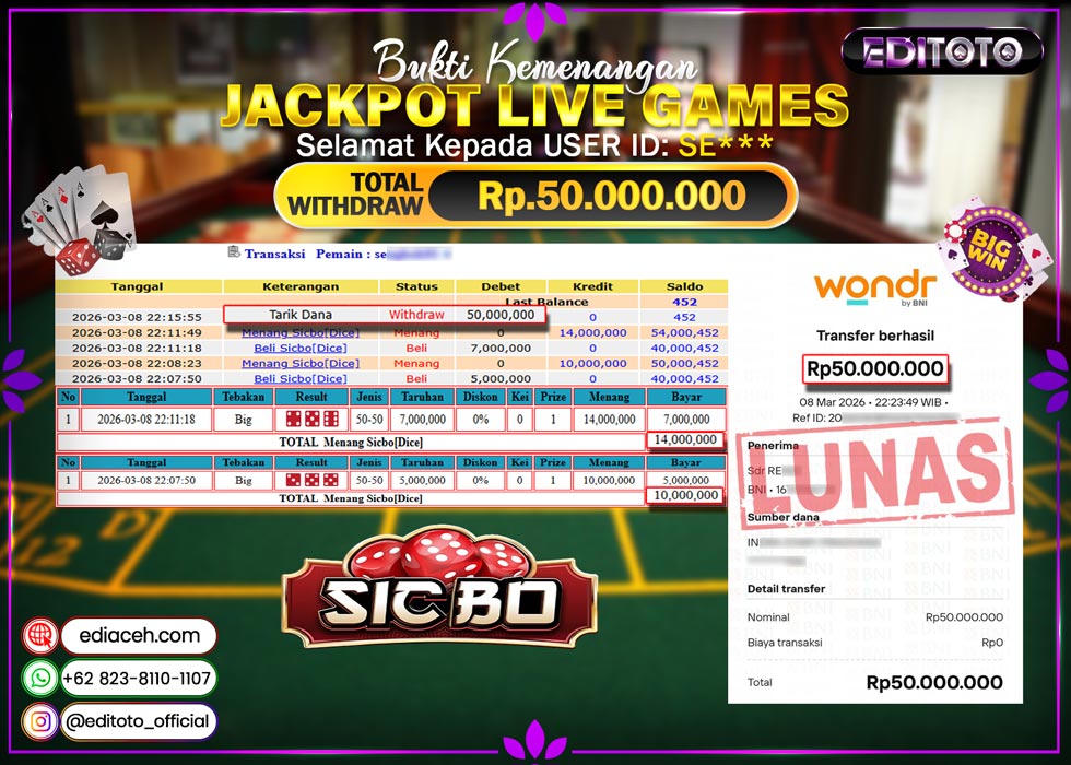 JACKPOT EDITOTO LIVE GAMES SICBO DICE Rp. 50.000.000.,- LUNAS