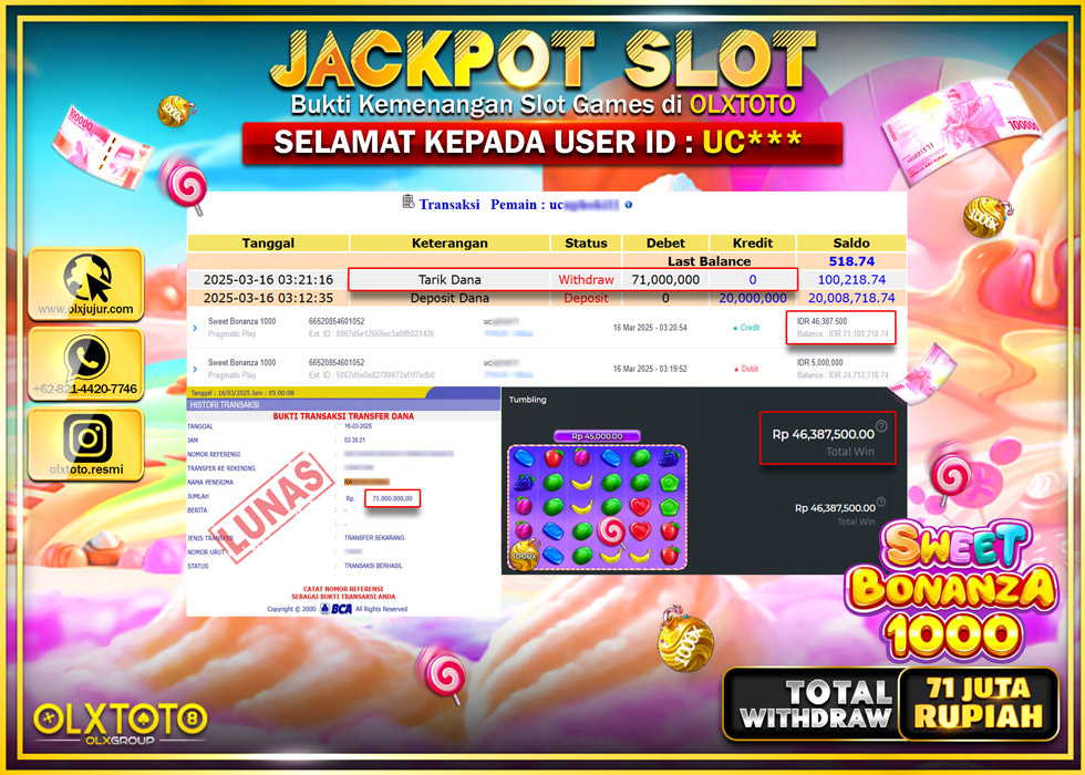OLXTOTO JACKPOT SWEET BONANZA 1000 Rp.71.000.000.,- LUNAS