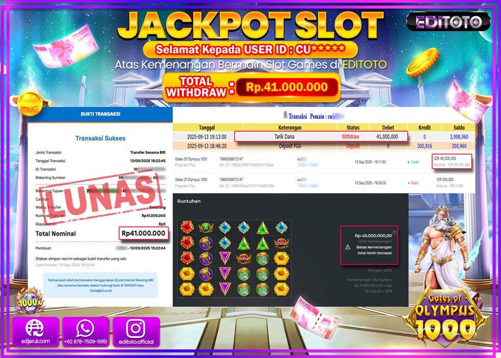 JACKPOT EDITOTO SLOT GATES OF OLYMPUS 1000 Rp.41.000.000,- LUNAS 