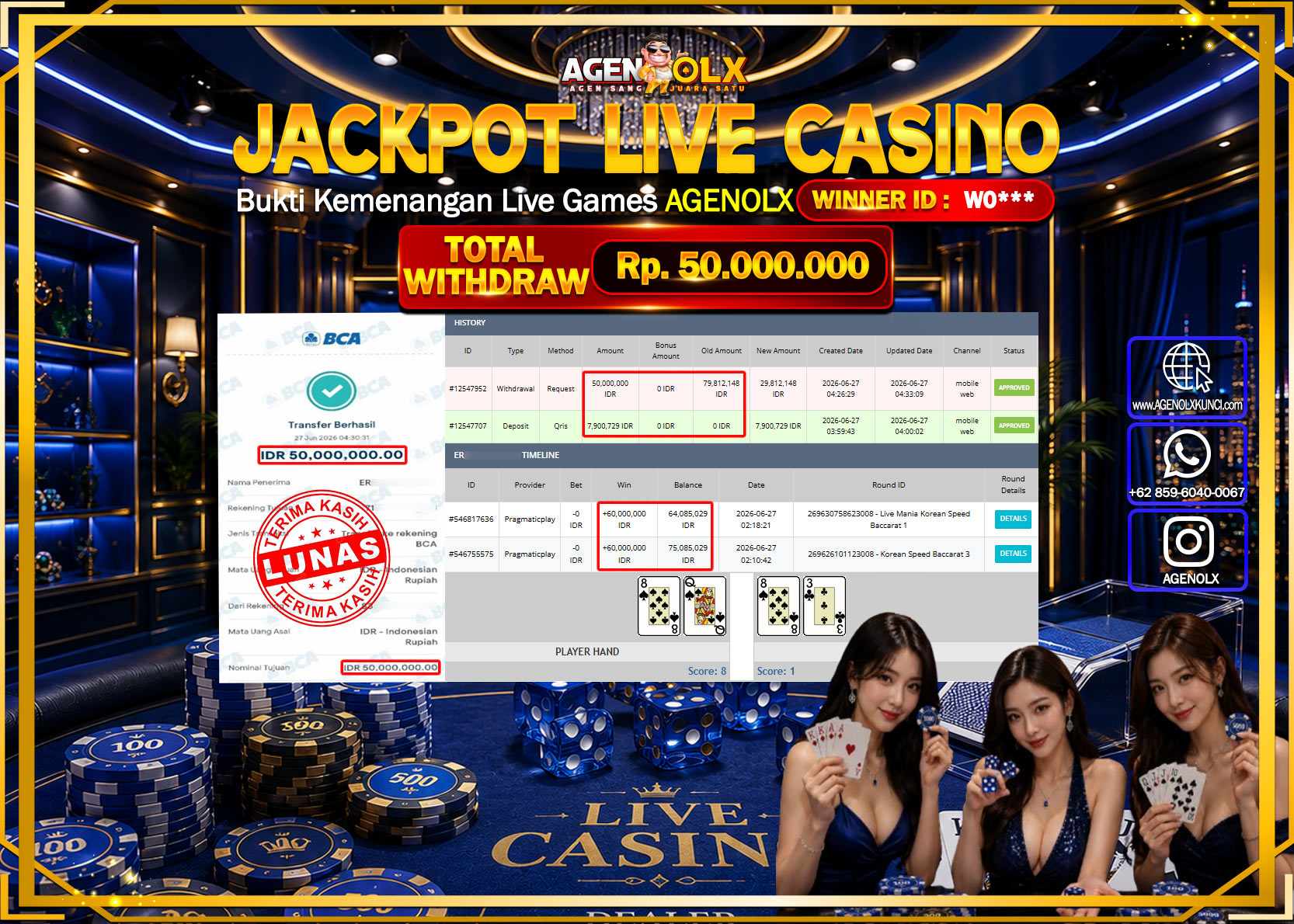 AGENOLX JACKPOT LIVE CASINO KOREAN SPEED BACCARAT 1 Rp 50.000.000  - LUNAS