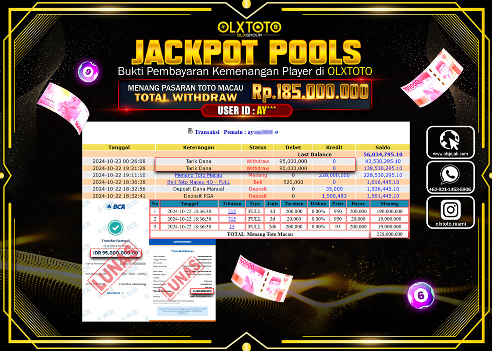 OLXTOTO JACKPOT  TOGEL POOL TOTO MACAU Rp.185.000.000.,- LUNAS