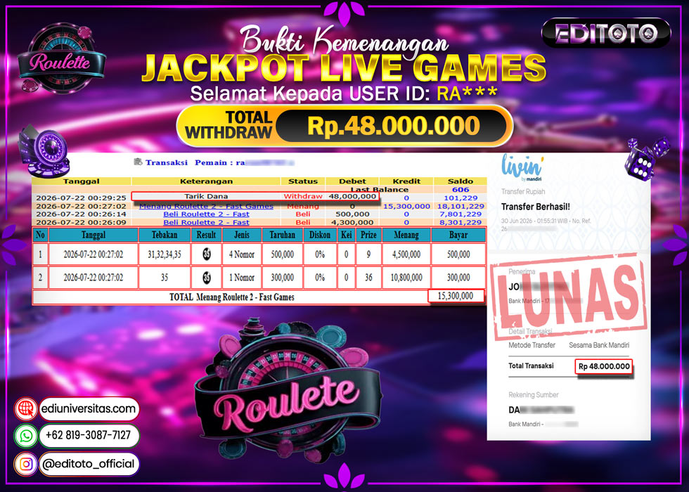 JACKPOT EDITOTO LIVE GAMES ROULETTE GAMES Rp. 48.000.000.,- LUNAS