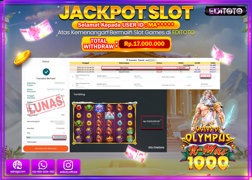 JACKPOT SLOT GATES OF OLYMPUS XMAS 1000  Rp.17.000.000.,- LUNAS