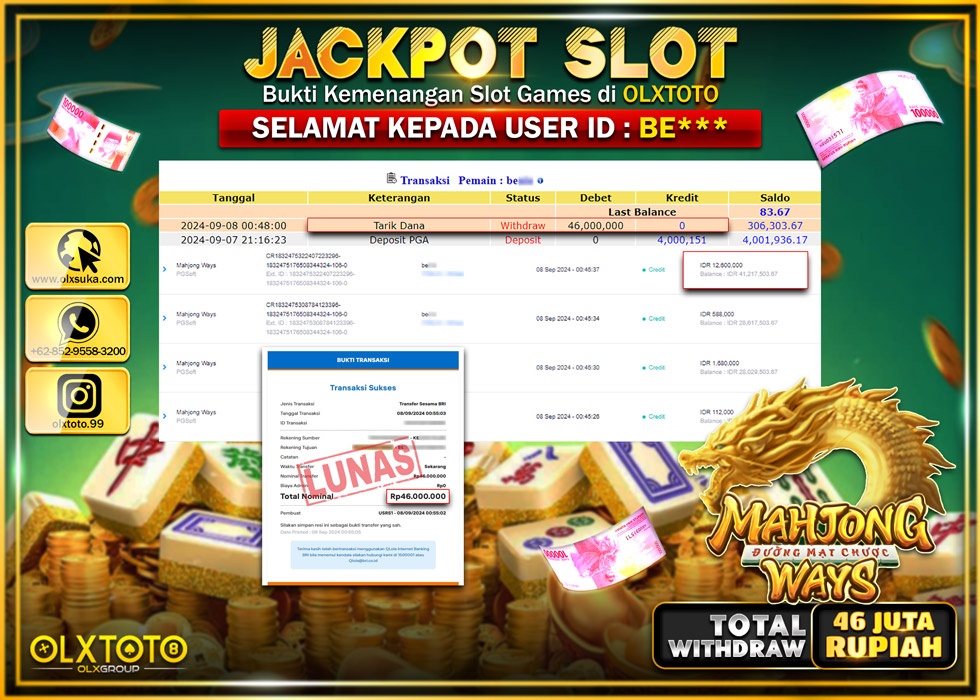 OLXTOTO JACKPOT  SLOT MAHJONG WAYS Rp.46.000.000.,- LUNAS