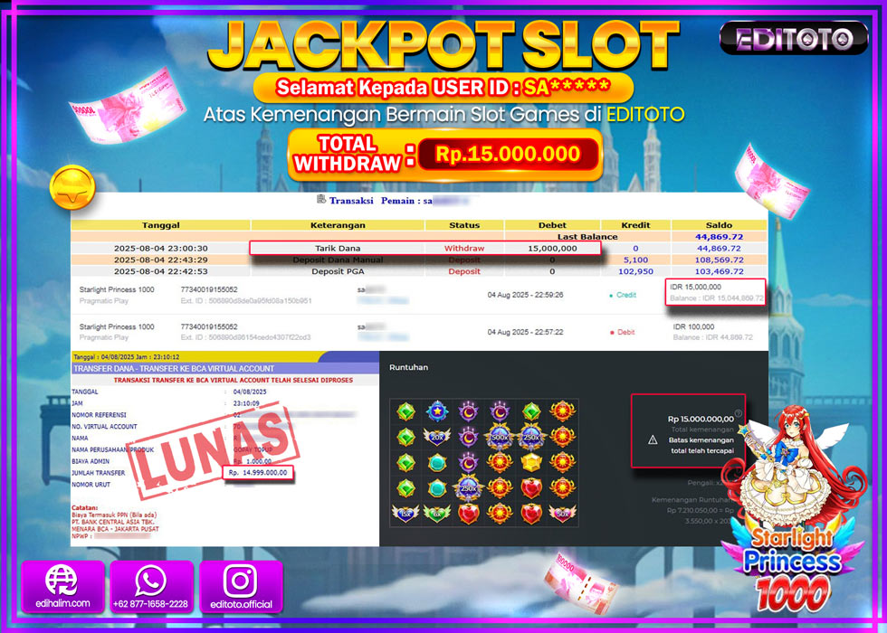 JACKPOT EDITOTO SLOT STARLIGHT PRINCESS 1000 Rp.15.000.000,- LUNAS 