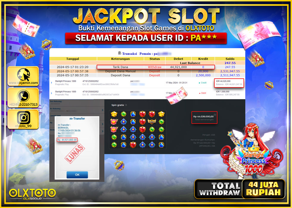 OLXTOTO JACKPOT SLOT STARLIGHT PRINCESS 1000   Rp.44.921.000.,- LUNAS