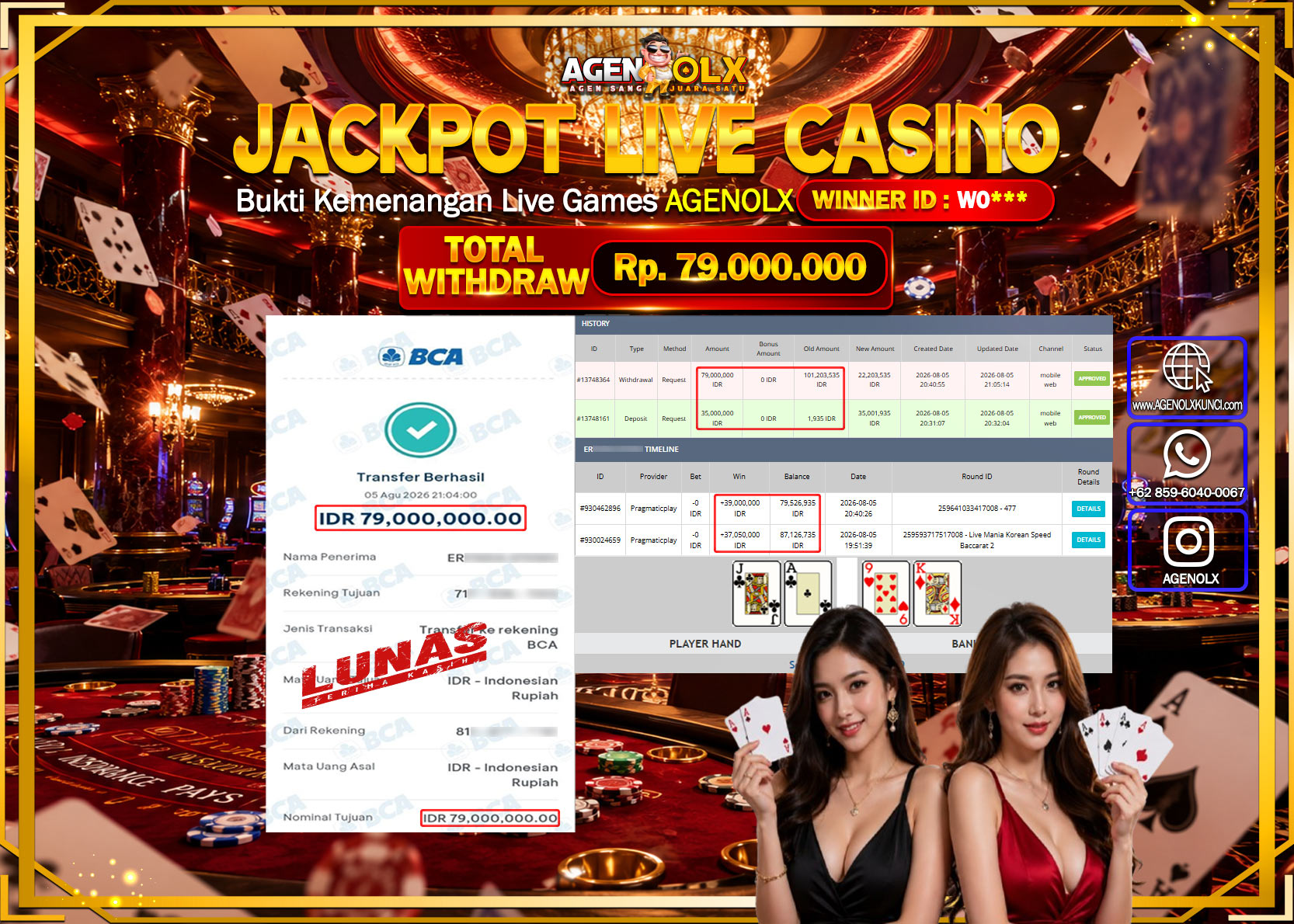 AGENOLX JACKPOT LIVE CASSINO LIVE MANIA KOREAN SPEED BACCARAT 2  Rp  79.000.000 -LUNAS