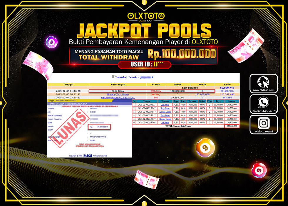 OLXTOTO JACKPOT  TOGEL POOL TOTO MACAU Rp.100.000.000.,- LUNAS