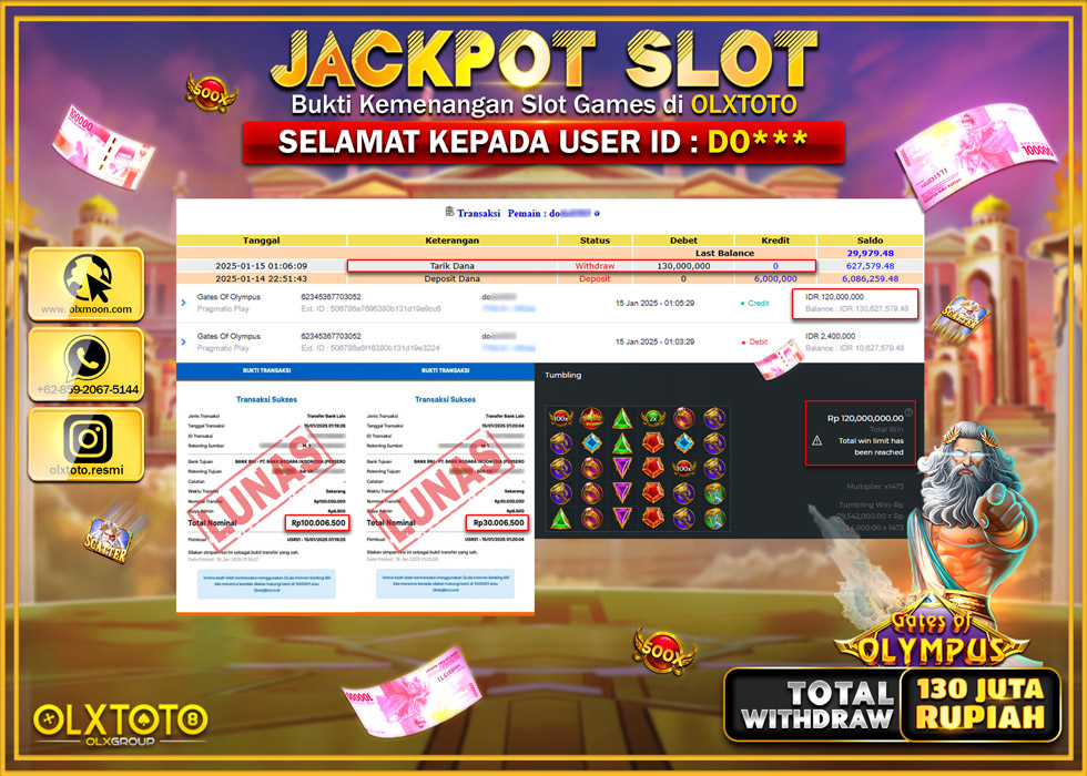 OLXTOTO JACKPOT  SLOT GATES OF OLYMPUS Rp.130.000.000.,- LUNAS
