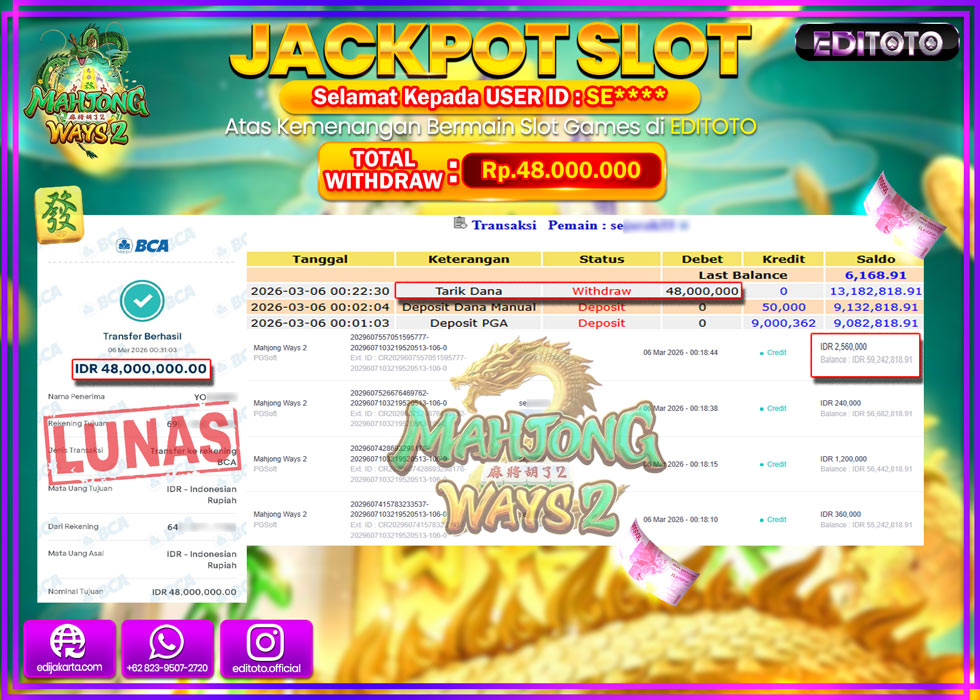 JACKPOT EDITOTO SLOT MAHJONG WAYS 2 Rp.48.000.000,- LUNAS