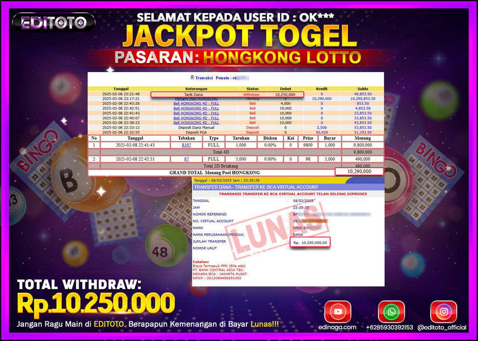 JACKPOT TOGEL PASARAN HONGKONG LOTTO Rp.10.250.000.,- LUNAS
