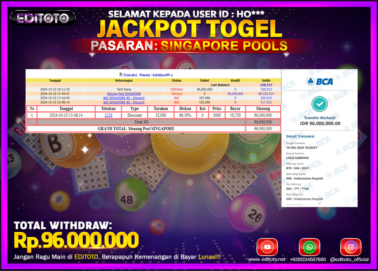 JACKPOT TOGEL PASARAN SINGAPORE Rp.96.000.000.,- LUNAS