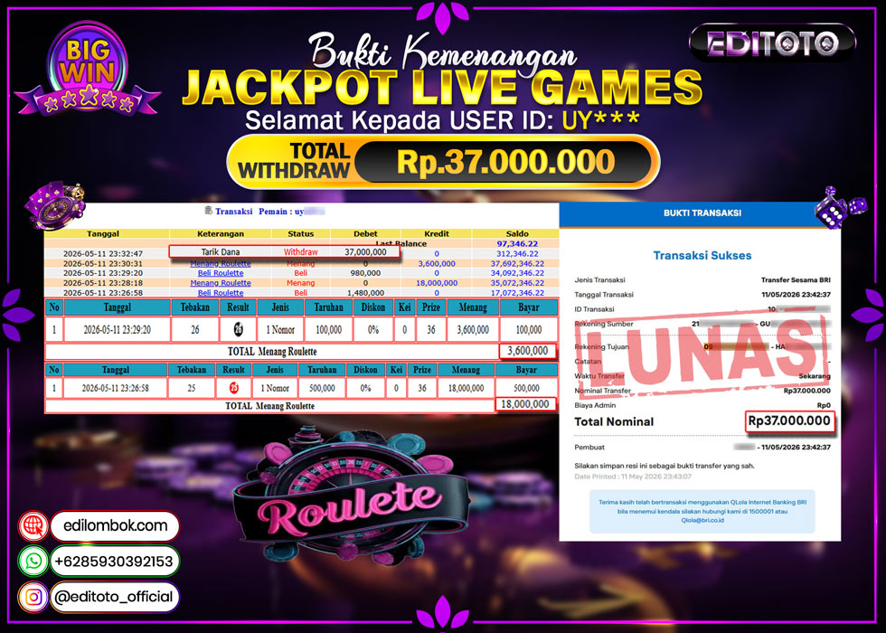 JACKPOT EDITOTO LIVE GAMES ROULETTE GAMES Rp. 37.000.000.,- LUNAS