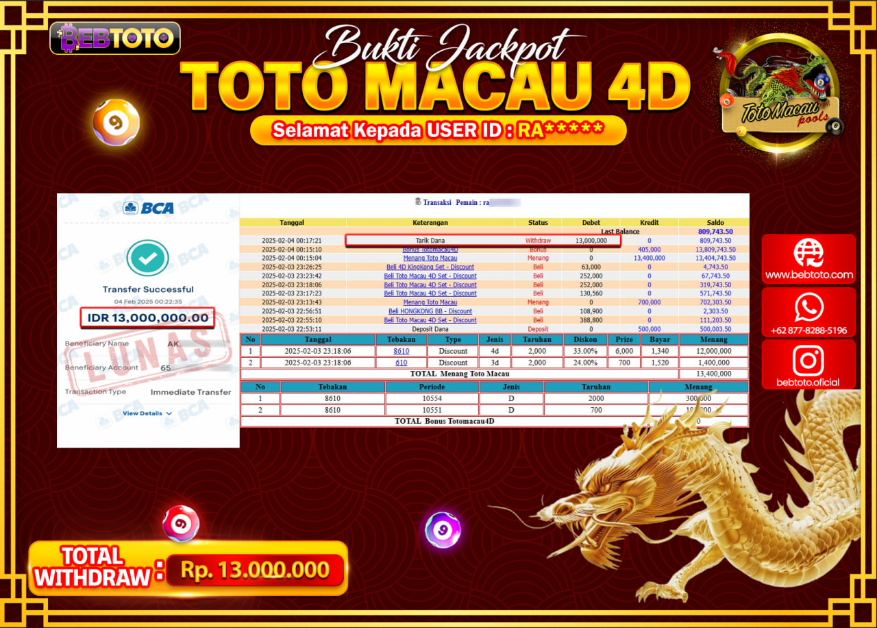 JACKPOT LIVE CASINO BEBTOTO TOTO MACAU 4D Rp.13.000.000.,- LUNAS