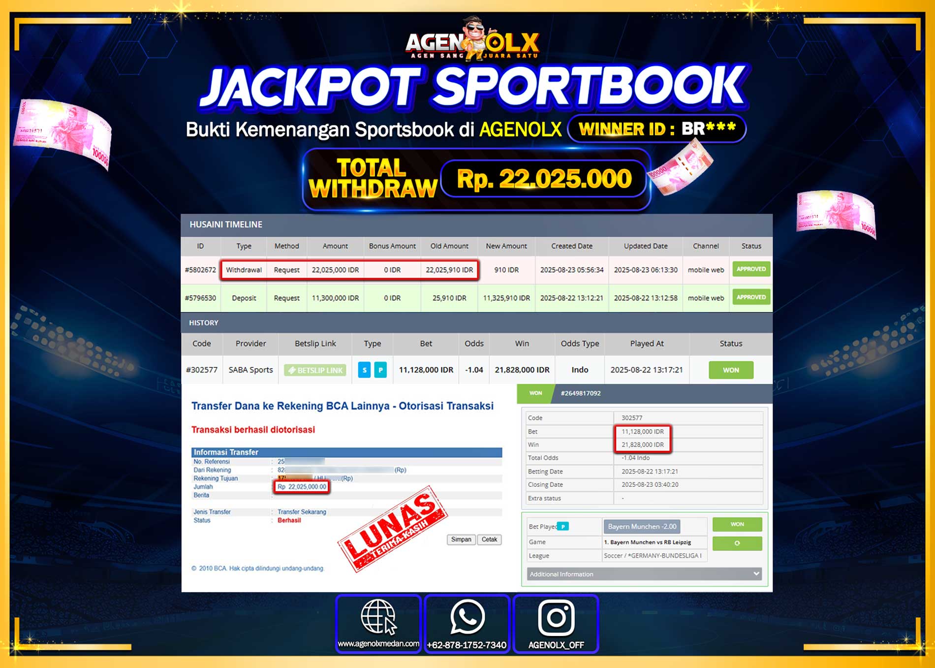 AGENOLX JACKPOT SPORTBOOK  Rp 22,025,000,- LUNAS