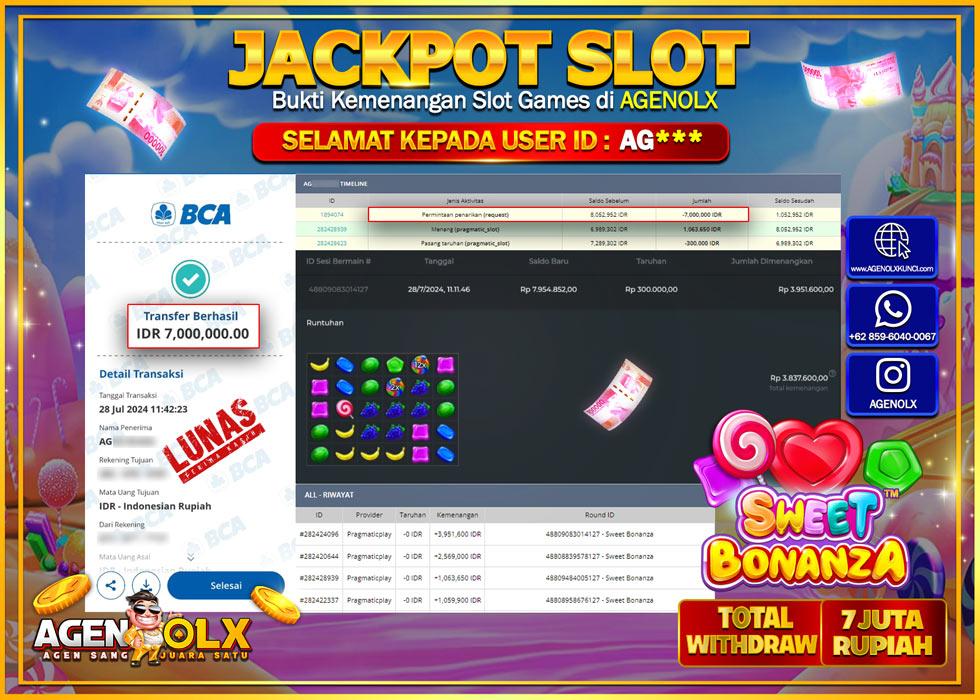 AGENOLX JACKPOT SLOT SWEET BONANZA Rp.7.000.000,- LUNAS