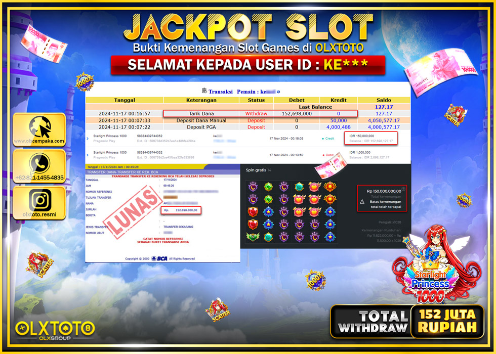 OLXTOTO JACKPOT  SLOT STARLIGHT PRINCESS 1000  Rp.152.698.000.,- LUNAS