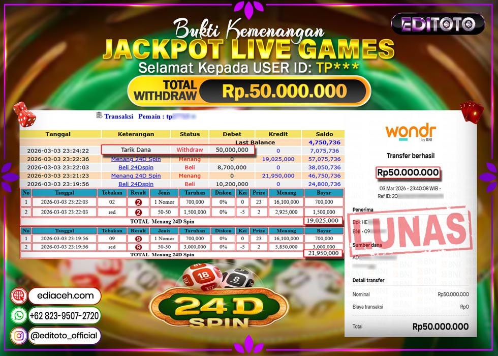 JACKPOT EDITOTO LIVE GAMES 24D SPIN Rp. 50.000.000.,- LUNAS