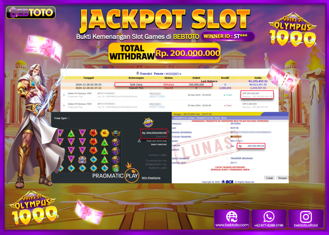 JACKPOT SLOT BEBTOTO GATES OF OLYMPUS 1000  Rp.200.000.000 - LUNAS